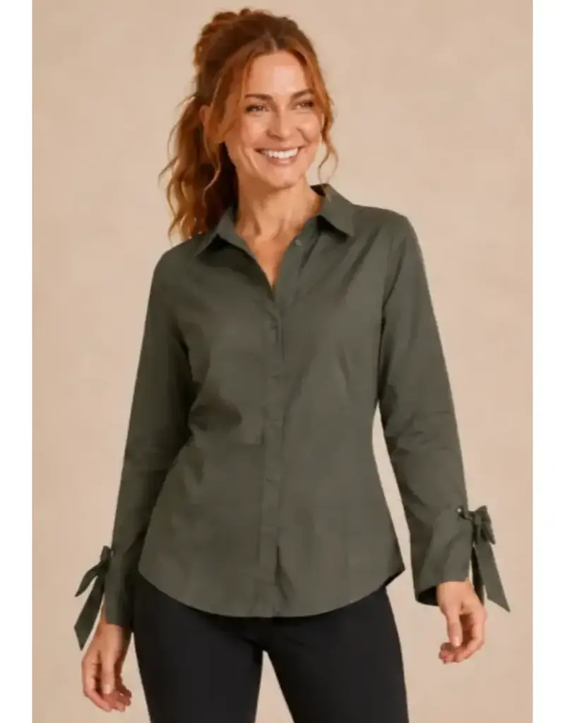 Poplin Button Front Blouse w/ Bow Tie Cuffs