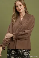 Charlotte Chambray Top  with Smocked Balloon Sleeves Available in Chocolate & Black