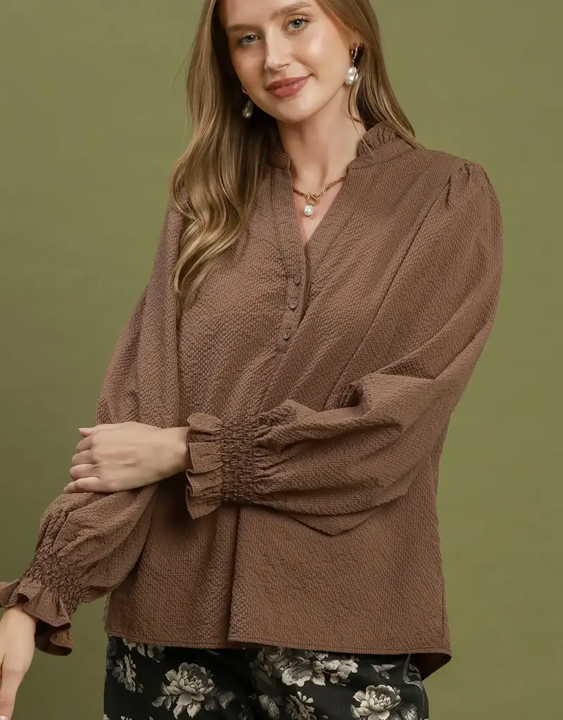 Charlotte Chambray Top  with Smocked Balloon Sleeves Available in Chocolate & Black