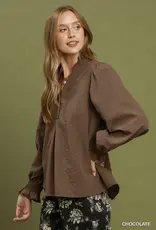 Charlotte Chambray Top  with Smocked Balloon Sleeves Available in Chocolate & Black