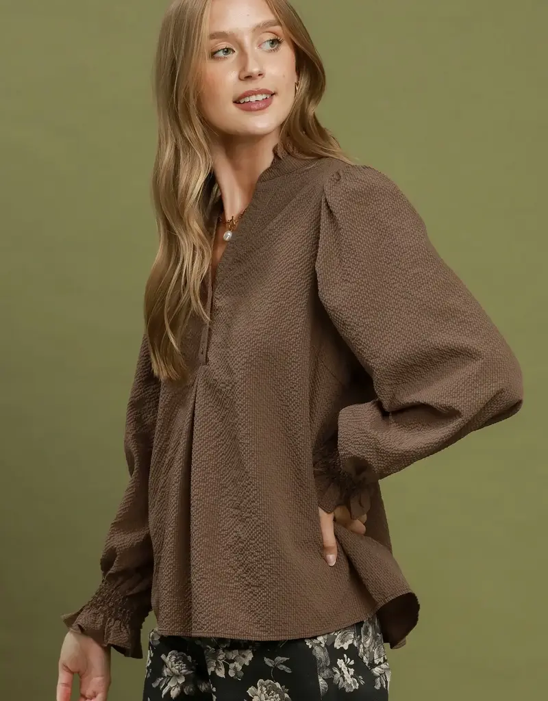 Charlotte Chambray Top  with Smocked Balloon Sleeves Available in Chocolate & Black
