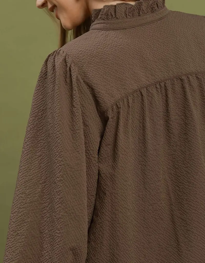 Charlotte Chambray Top  with Smocked Balloon Sleeves Available in Chocolate & Black