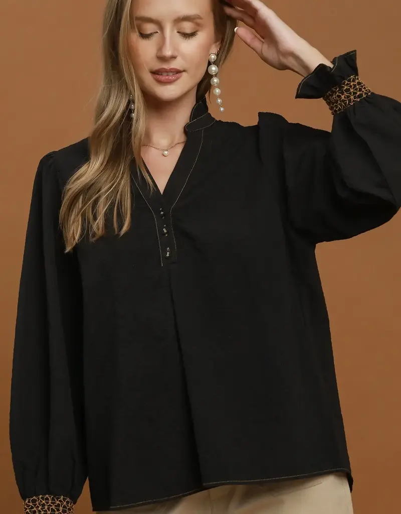 Charlotte Chambray Top  with Smocked Balloon Sleeves Available in Chocolate & Black