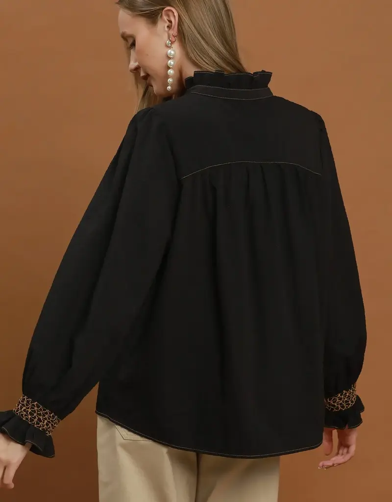 Charlotte Chambray Top  with Smocked Balloon Sleeves Available in Chocolate & Black