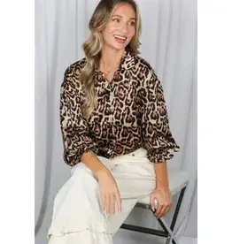 Linda Leopard Print With Ruffle Cuffs Accent Top