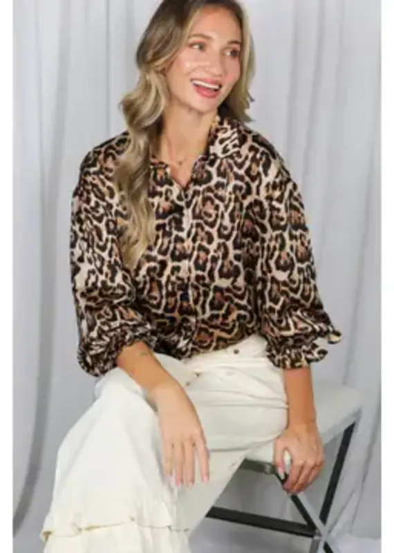Linda Leopard Print With Ruffle Cuffs Accent Top