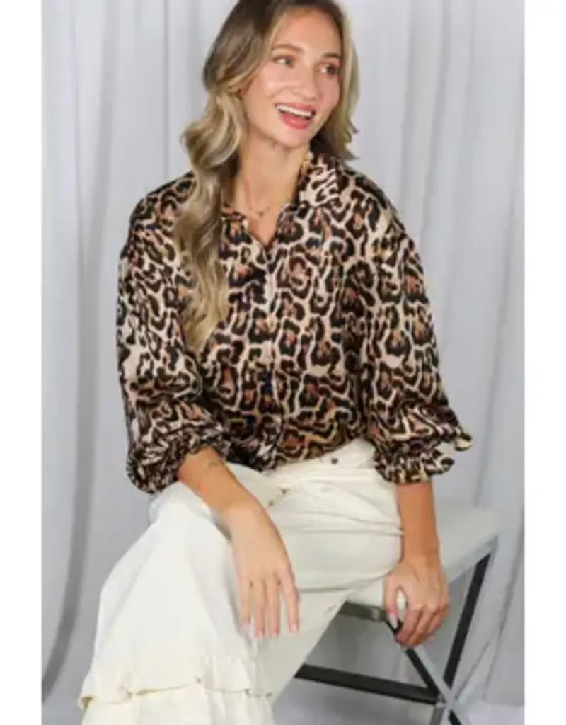 Linda Leopard Print With Ruffle Cuffs Accent Top