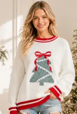 Holly Plaid Tree Knit Sweater with Red Bow