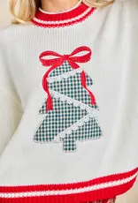 Holly Plaid Tree Knit Sweater with Red Bow