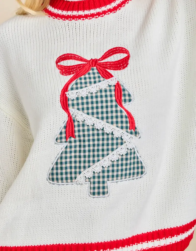 Holly Plaid Tree Knit Sweater with Red Bow