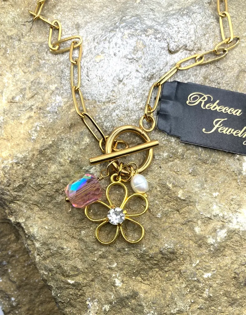 Boho Gold Floral Charm Toggle Necklace
