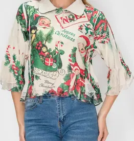 Candy Christmas Cropped Button-Up Ruffle Detailed Jacket