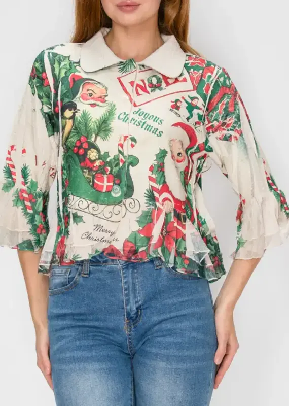 Candy Christmas Cropped Button-Up Ruffle Detailed Jacket