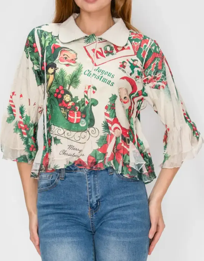 Candy Christmas Cropped Button-Up Ruffle Detailed Jacket