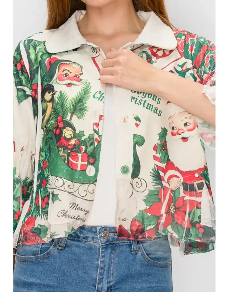 Candy Christmas Cropped Button-Up Ruffle Detailed Jacket