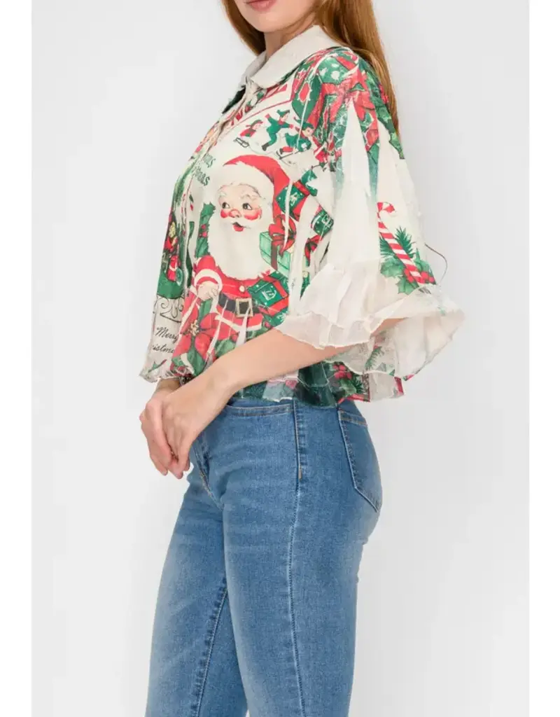 Candy Christmas Cropped Button-Up Ruffle Detailed Jacket