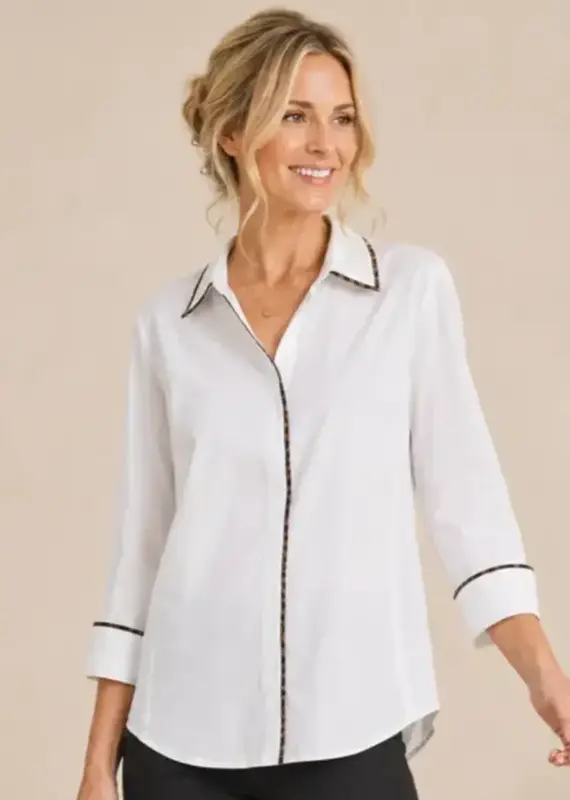 Lainey Leopard Trim Poplin Ribbed Knit Sides Top