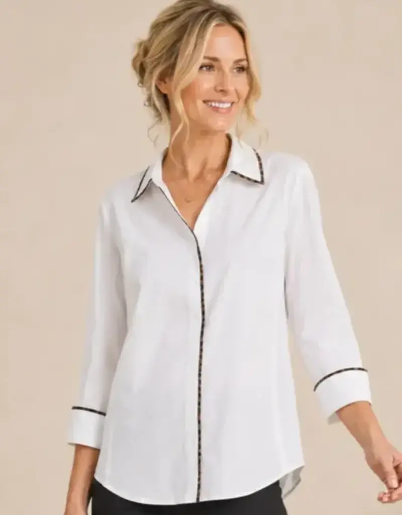 Lainey Leopard Trim Poplin Ribbed Knit Sides Top
