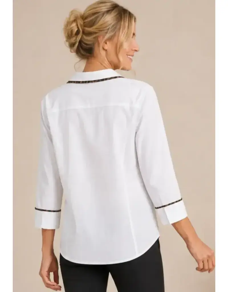 Lainey Leopard Trim Poplin Ribbed Knit Sides Top