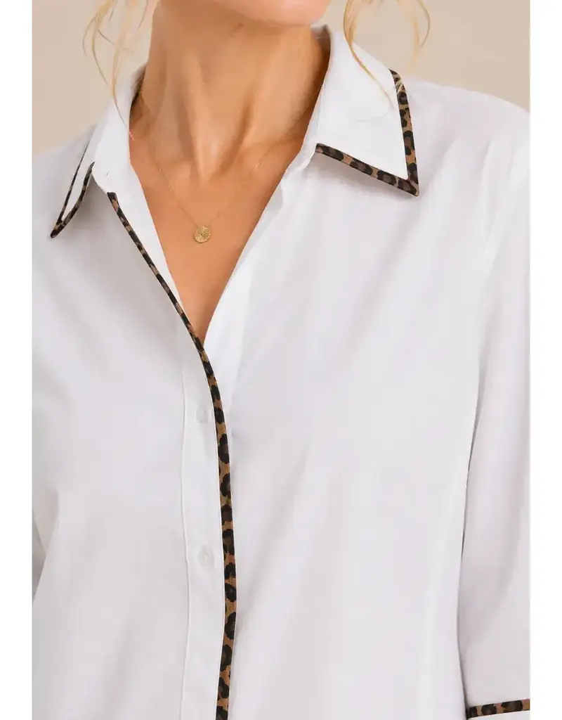 Lainey Leopard Trim Poplin Ribbed Knit Sides Top