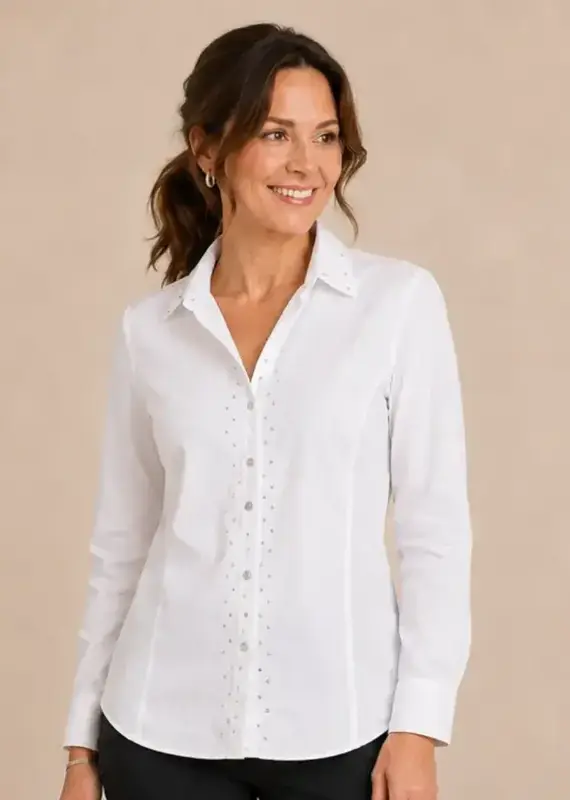 Samantha Studded Poplin Ribbed Knit Sides Top