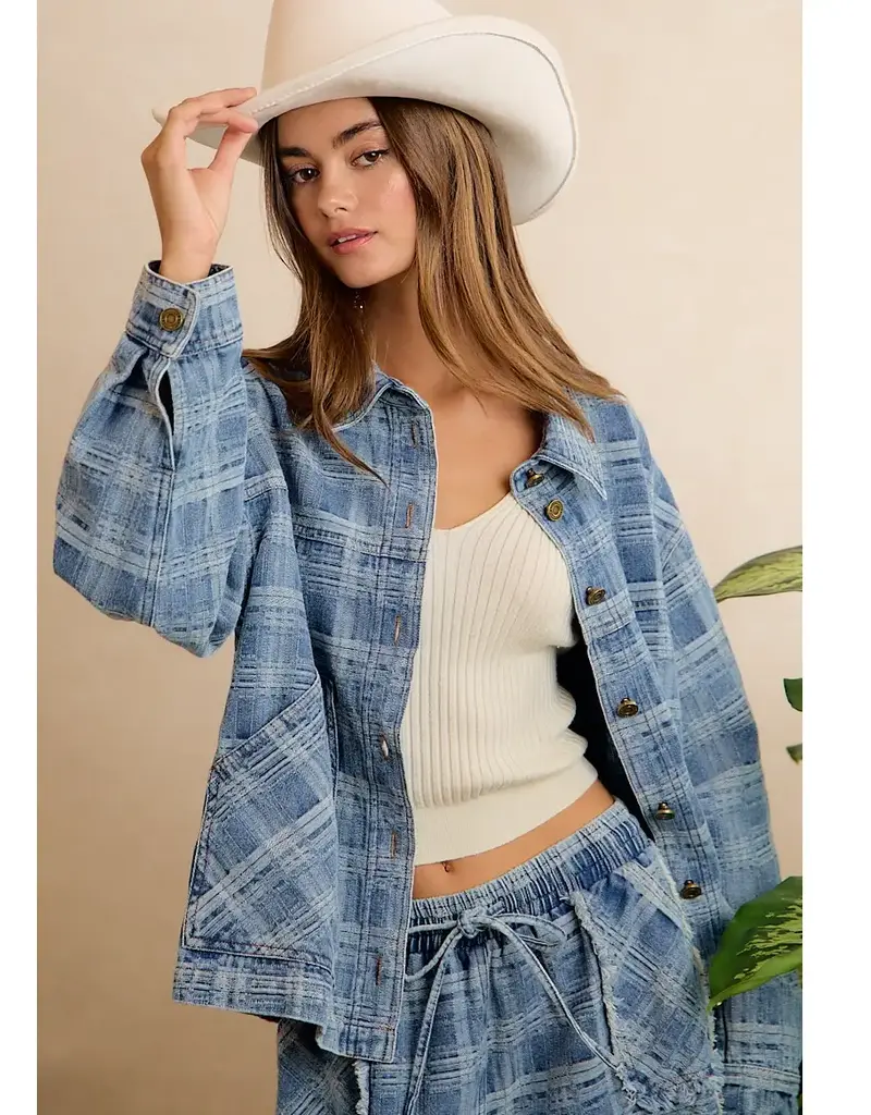 Wendy Washed Plaid Denim Jacket With Front Pockets