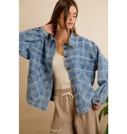 Wendy Washed Plaid Denim Jacket With Front Pockets