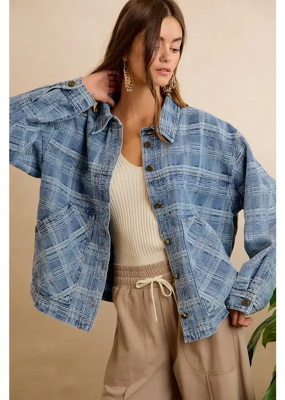Wendy Washed Plaid Denim Jacket With Front Pockets