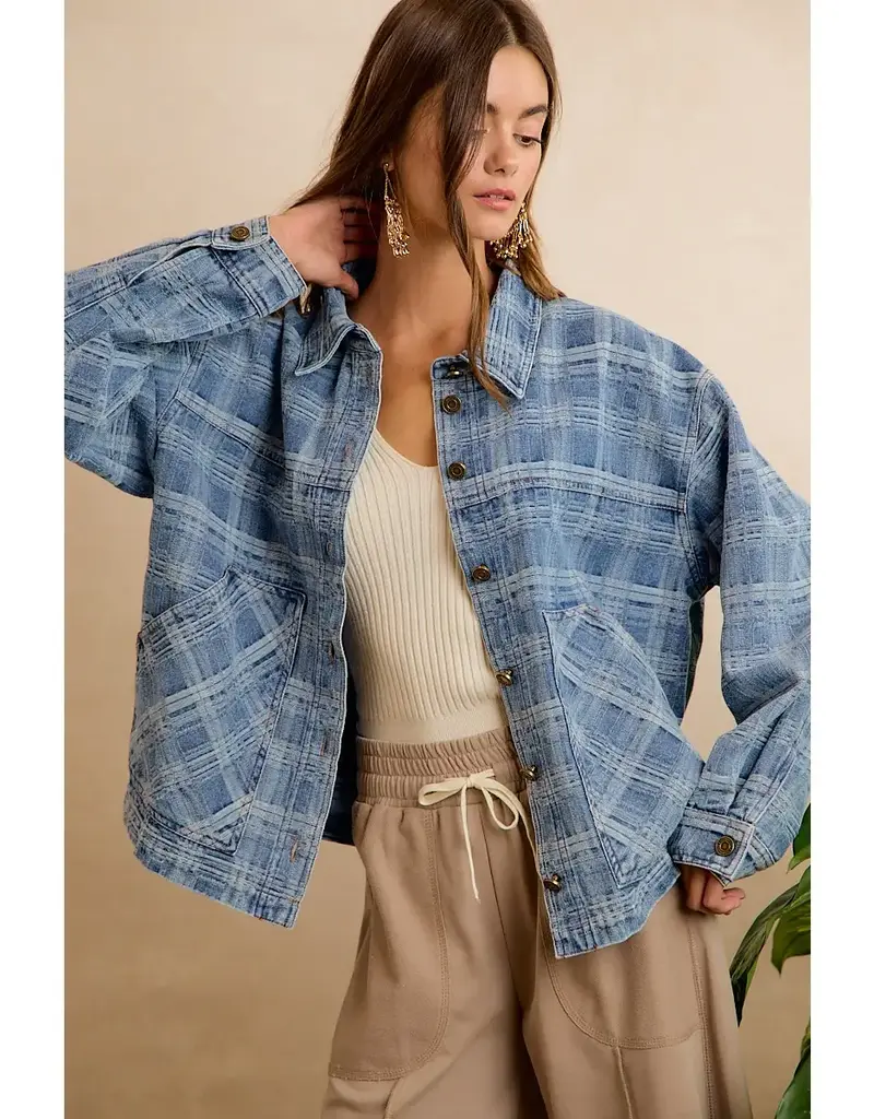 Wendy Washed Plaid Denim Jacket With Front Pockets