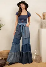 Boho Mixed-Wash Multi-Tier Denim Tie-Waist Bell-Bottom Pant