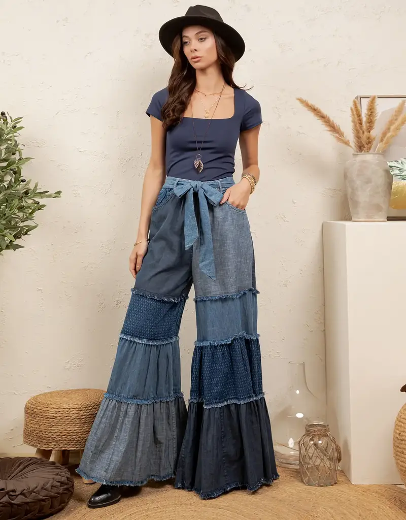 Boho Mixed-Wash Multi-Tier Denim Tie-Waist Bell-Bottom Pant