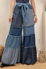 Boho Mixed-Wash Multi-Tier Denim Tie-Waist Bell-Bottom Pant