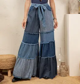 Boho Mixed-Wash Multi-Tier Denim Tie-Waist Bell-Bottom Pant