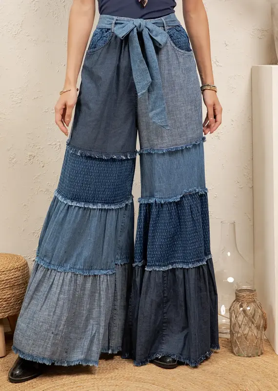 Boho Mixed-Wash Multi-Tier Denim Tie-Waist Bell-Bottom Pant