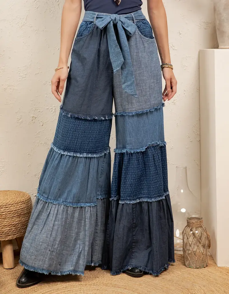 Boho Mixed-Wash Multi-Tier Denim Tie-Waist Bell-Bottom Pant