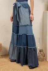Boho Mixed-Wash Multi-Tier Denim Tie-Waist Bell-Bottom Pant
