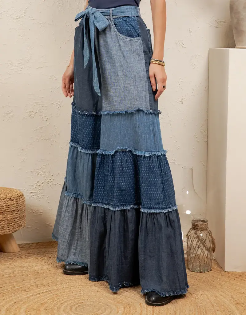 Boho Mixed-Wash Multi-Tier Denim Tie-Waist Bell-Bottom Pant