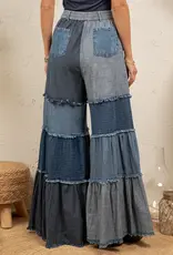 Boho Mixed-Wash Multi-Tier Denim Tie-Waist Bell-Bottom Pant