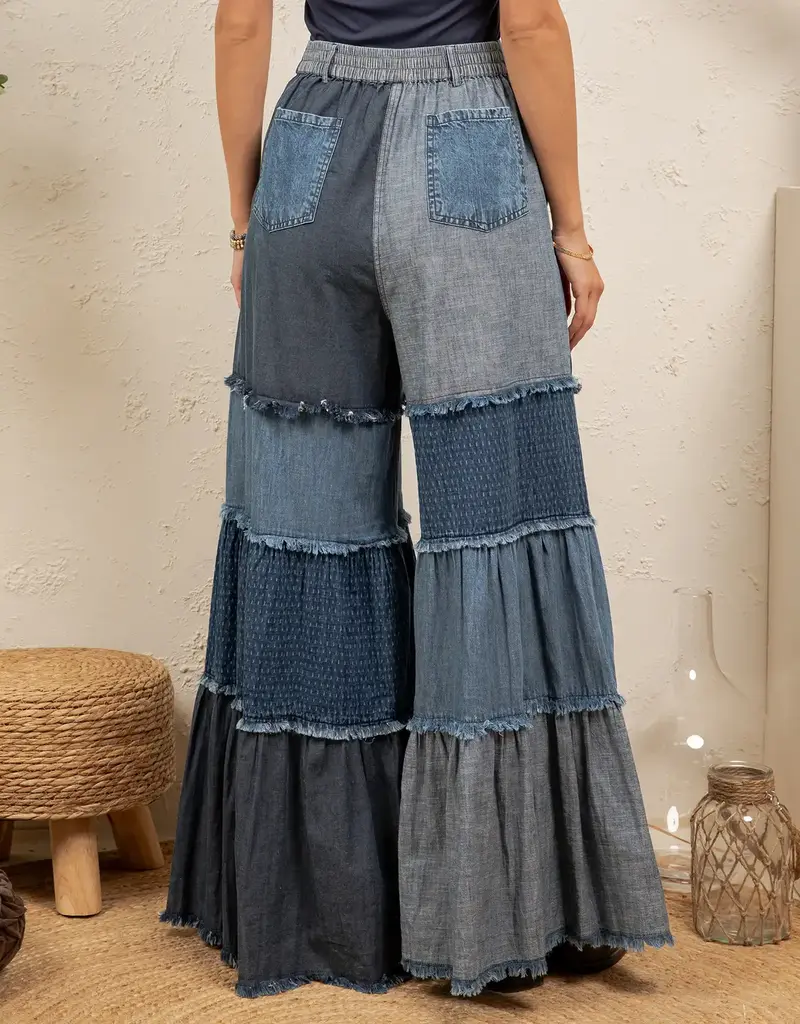 Boho Mixed-Wash Multi-Tier Denim Tie-Waist Bell-Bottom Pant