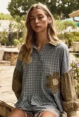 Amy Fall Plaid Top With Floral Applique Detail