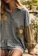 Amy Fall Plaid Top With Floral Applique Detail
