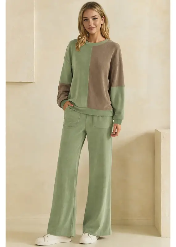 Raw Edge Colorblock Soft Corduroy Top Bottom Set