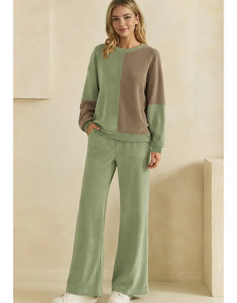 Raw Edge Colorblock Soft Corduroy Top Bottom Set
