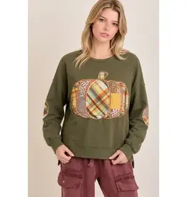 Pumpkin Patch Outfit Boho Sweatshirt Top Available in Olive(shown) & Tan