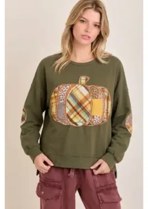 Pumpkin Patch Outfit Boho Sweatshirt Top Available in Olive(shown) & Tan