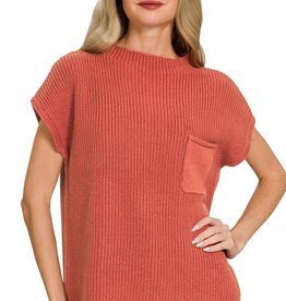 Nicole Mock Neck Short Sleeve Sweater Available in Rust(shown), Chocolate, Army Green, Brown