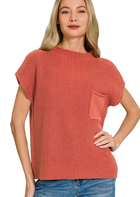 Nicole Mock Neck Short Sleeve Sweater Available in Rust(shown), Chocolate, Army Green, Brown