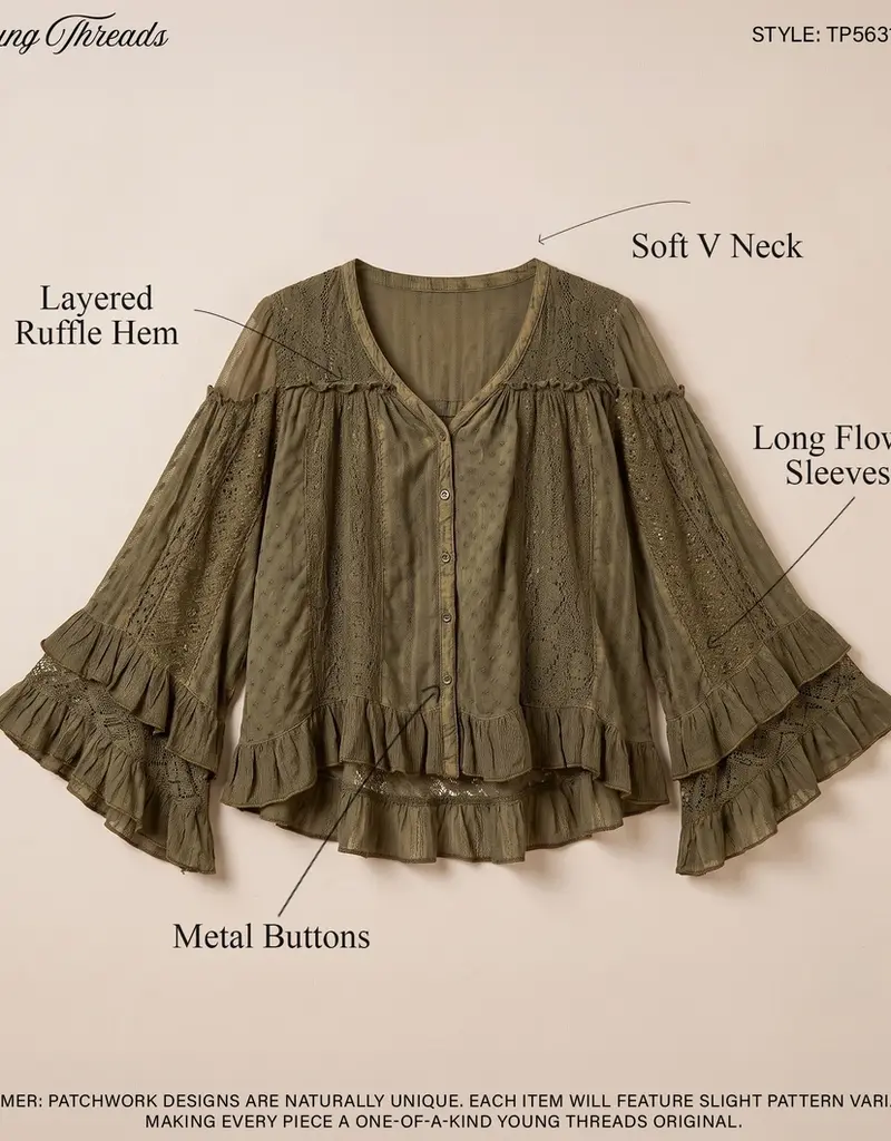 Dreamy Sheer V-Neck Ruffled Button-Front Top