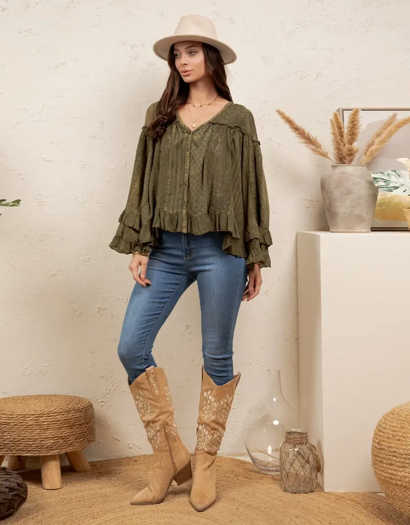Dreamy Sheer V-Neck Ruffled Button-Front Top