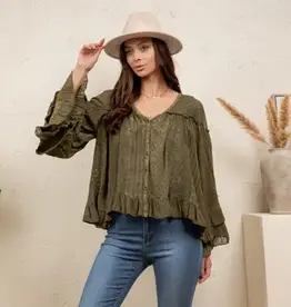 Dreamy Sheer V-Neck Ruffled Button-Front Top